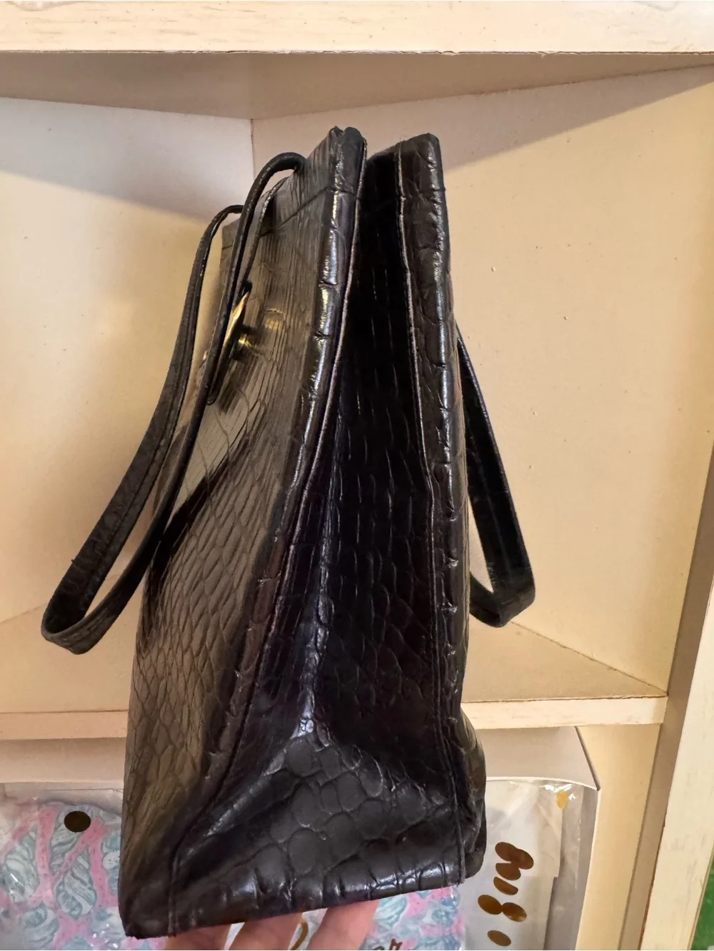 Salvatore Ferragamo Black Croc-Embossed Leather Bag with Gold Hardware
